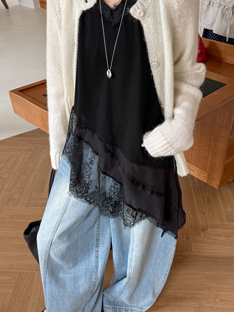 韓系優雅白月光網紗拼接透視針織打底衫-2色