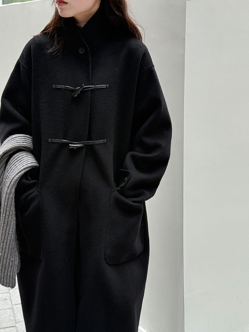 復古立領牛角扣羊毛雙面毛呢大衣外套