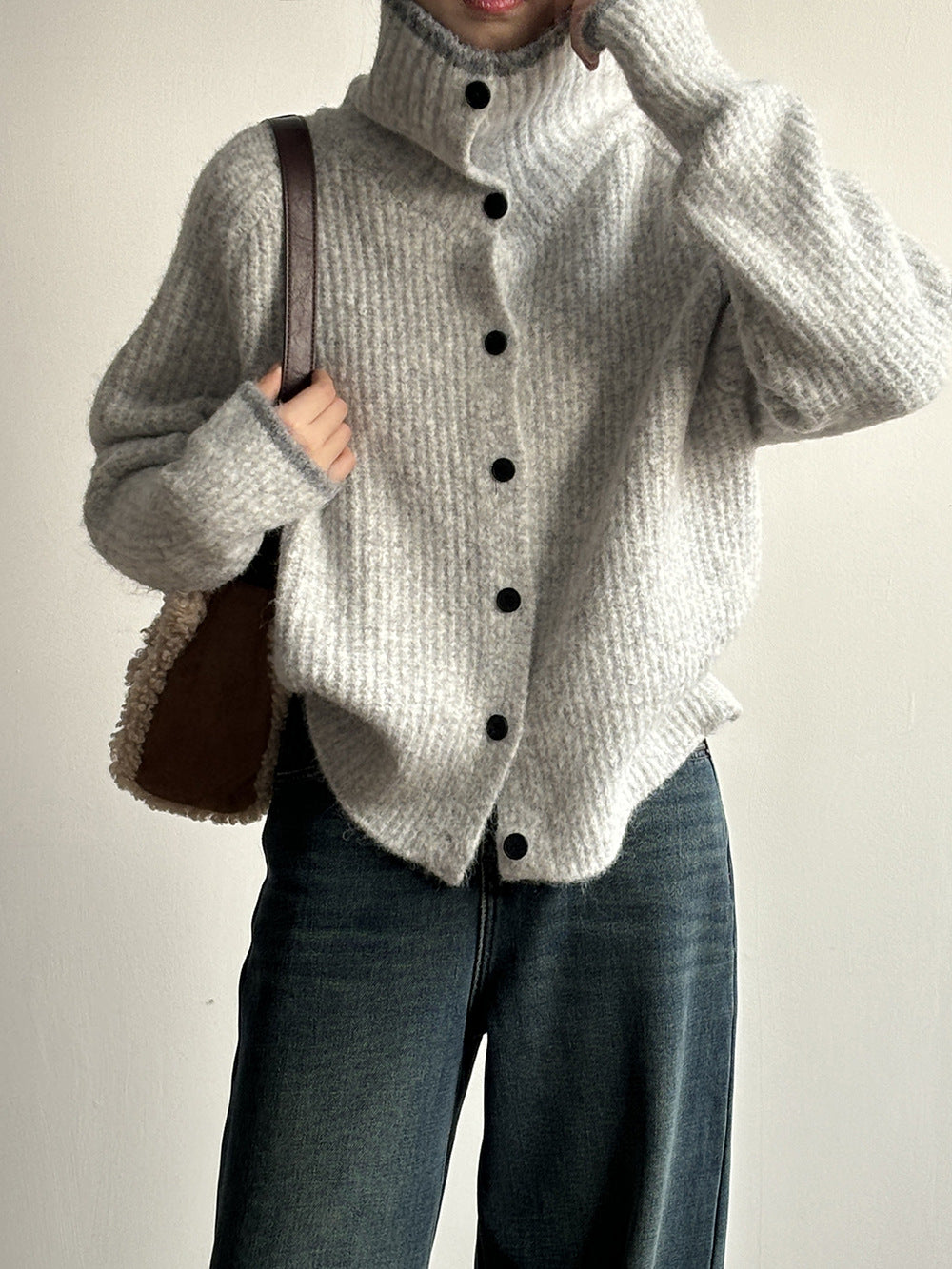 (48H出貨)韓系慵懶撞色翻領單排扣毛衣開衫外套-4色