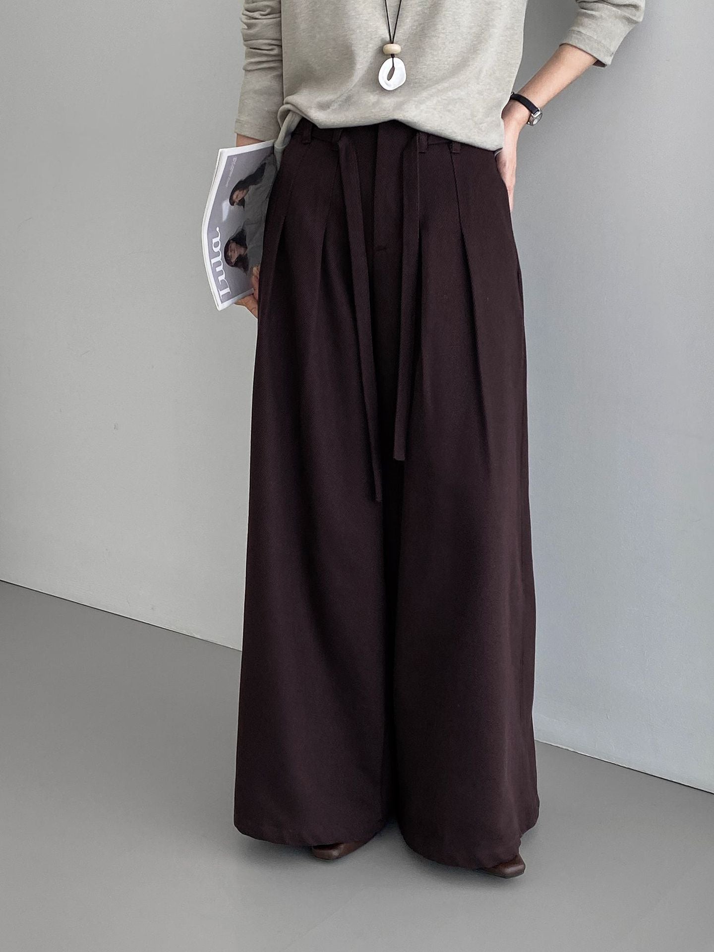 韓系簡約天絲棉繫帶闊腿褲-2色