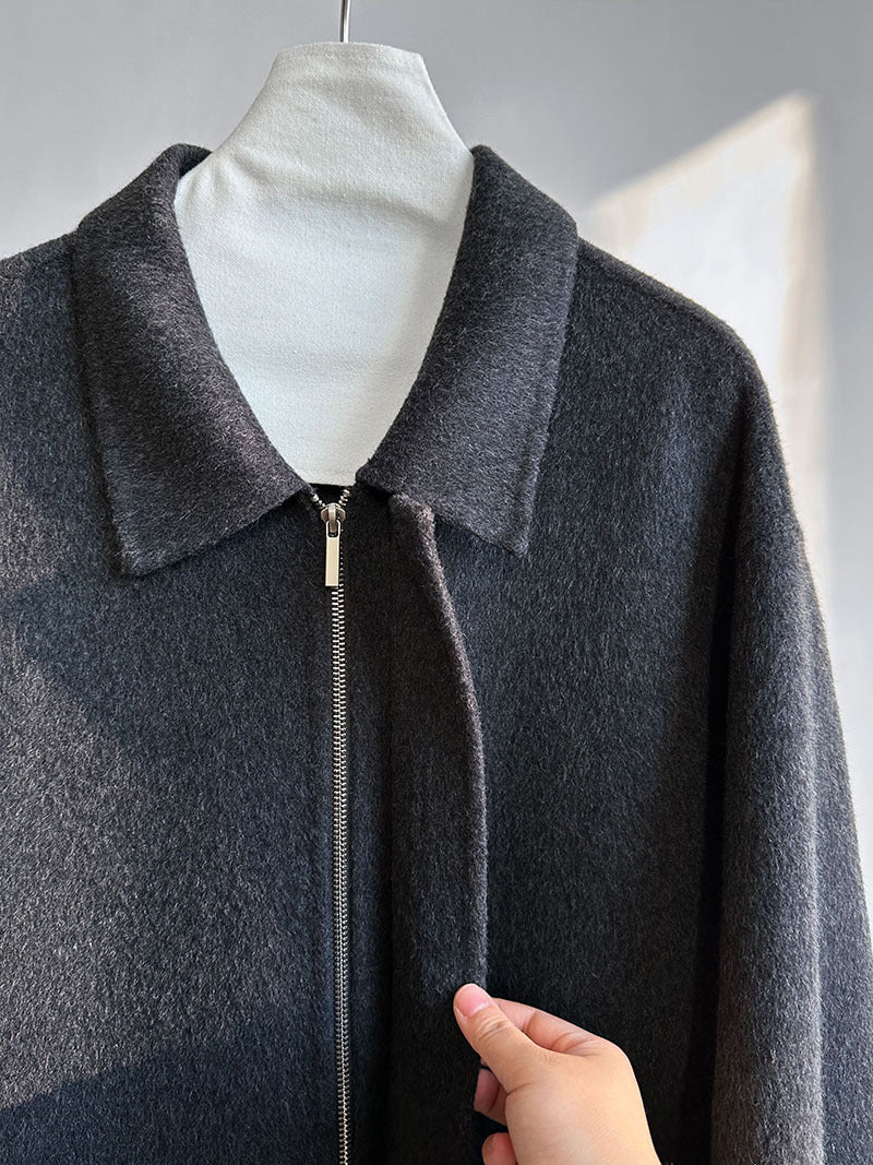 韓系高質感羊毛翻領拉鍊雙面呢大衣外套-2色