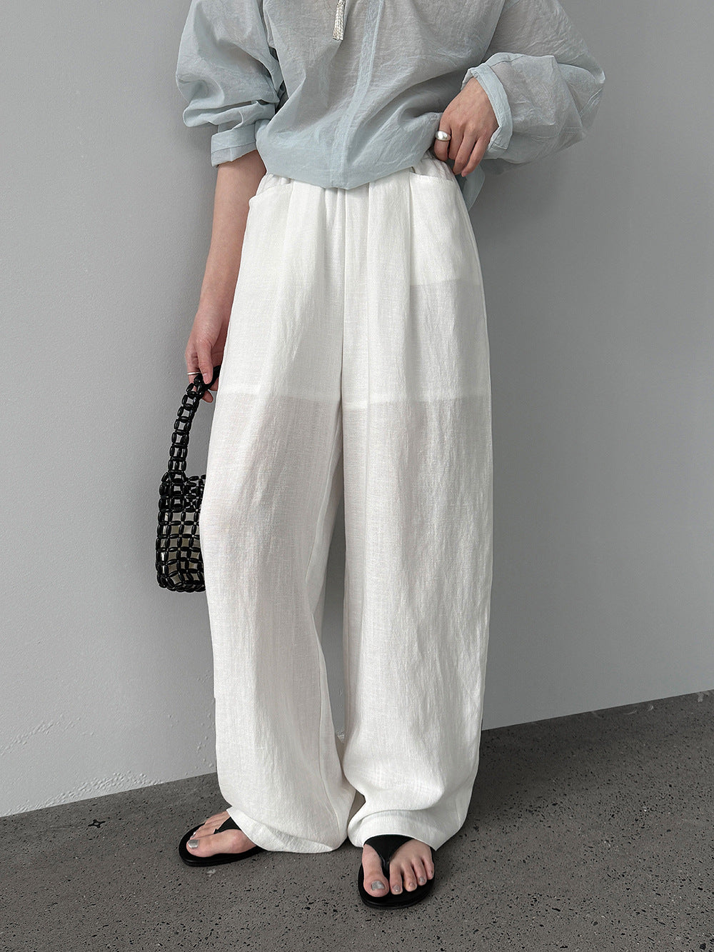 韓系亞麻垂墜感鬆緊腰闊腿褲-3色