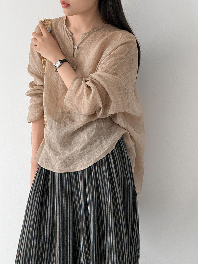 韓系小眾法式鬆弛感苧麻圓領排釦寬鬆上衣-2色