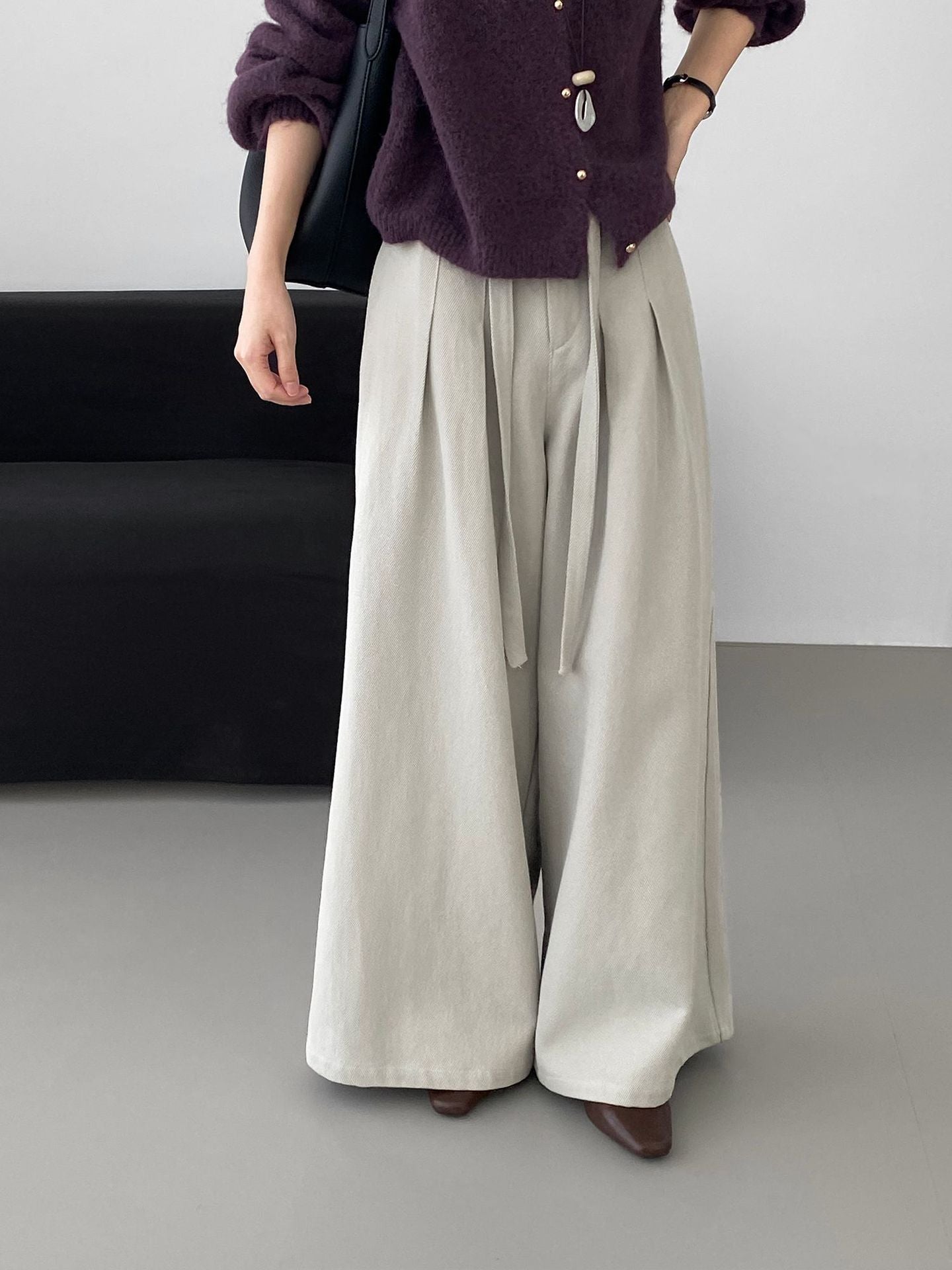 韓系簡約天絲棉繫帶闊腿褲-2色