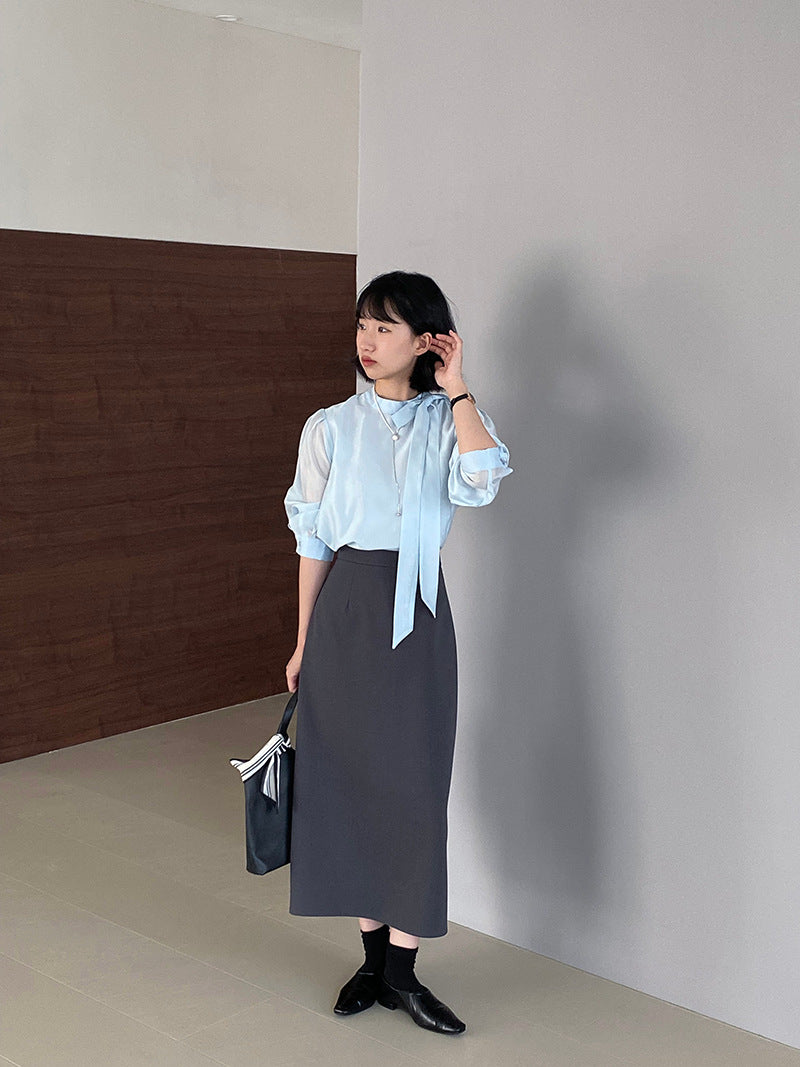 韓版高品質顯瘦西裝無袖馬甲+半身裙+配腰帶-三件式套裝