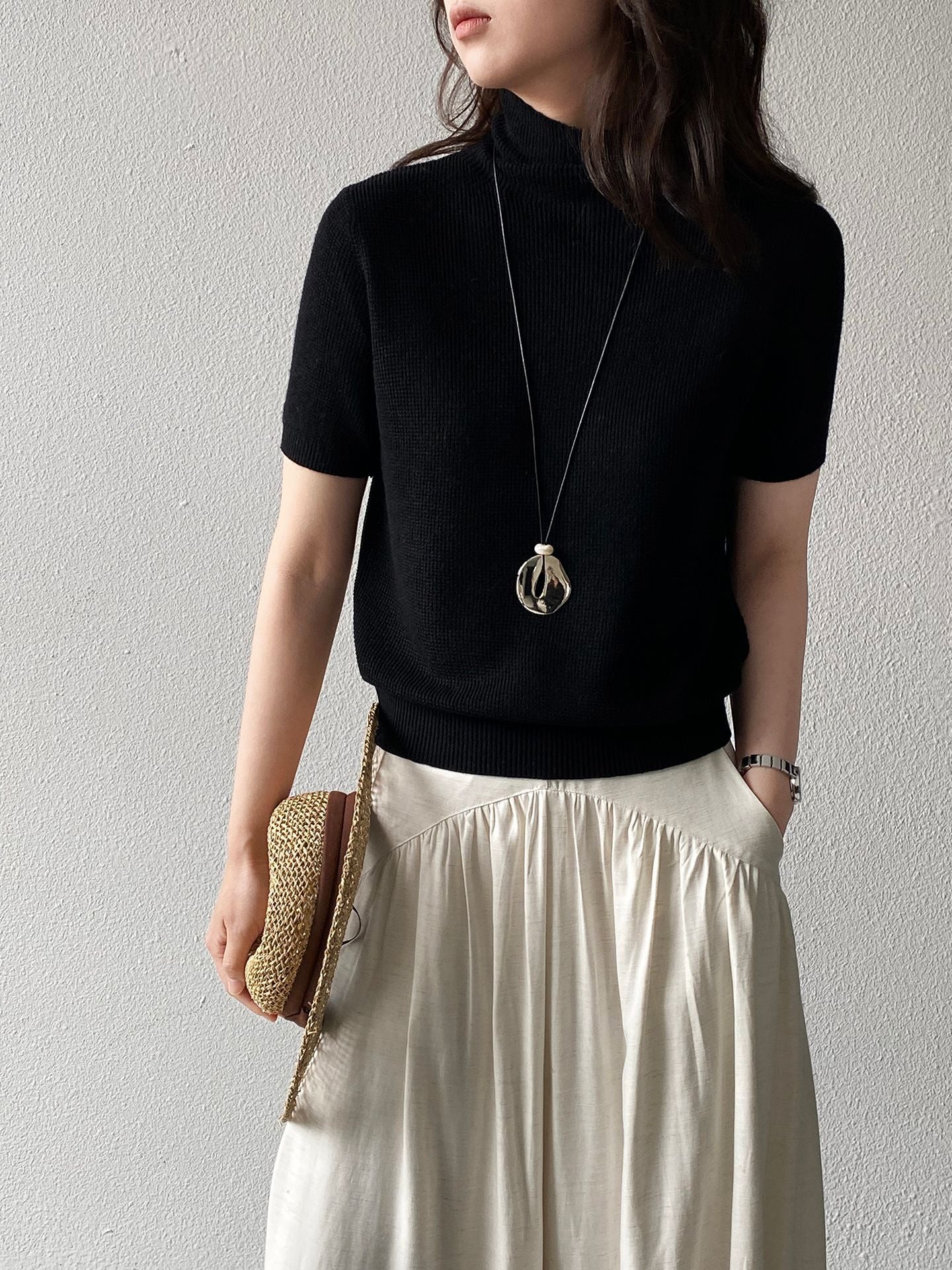 韓系半高領顯瘦針織短袖T恤+項鍊-5色