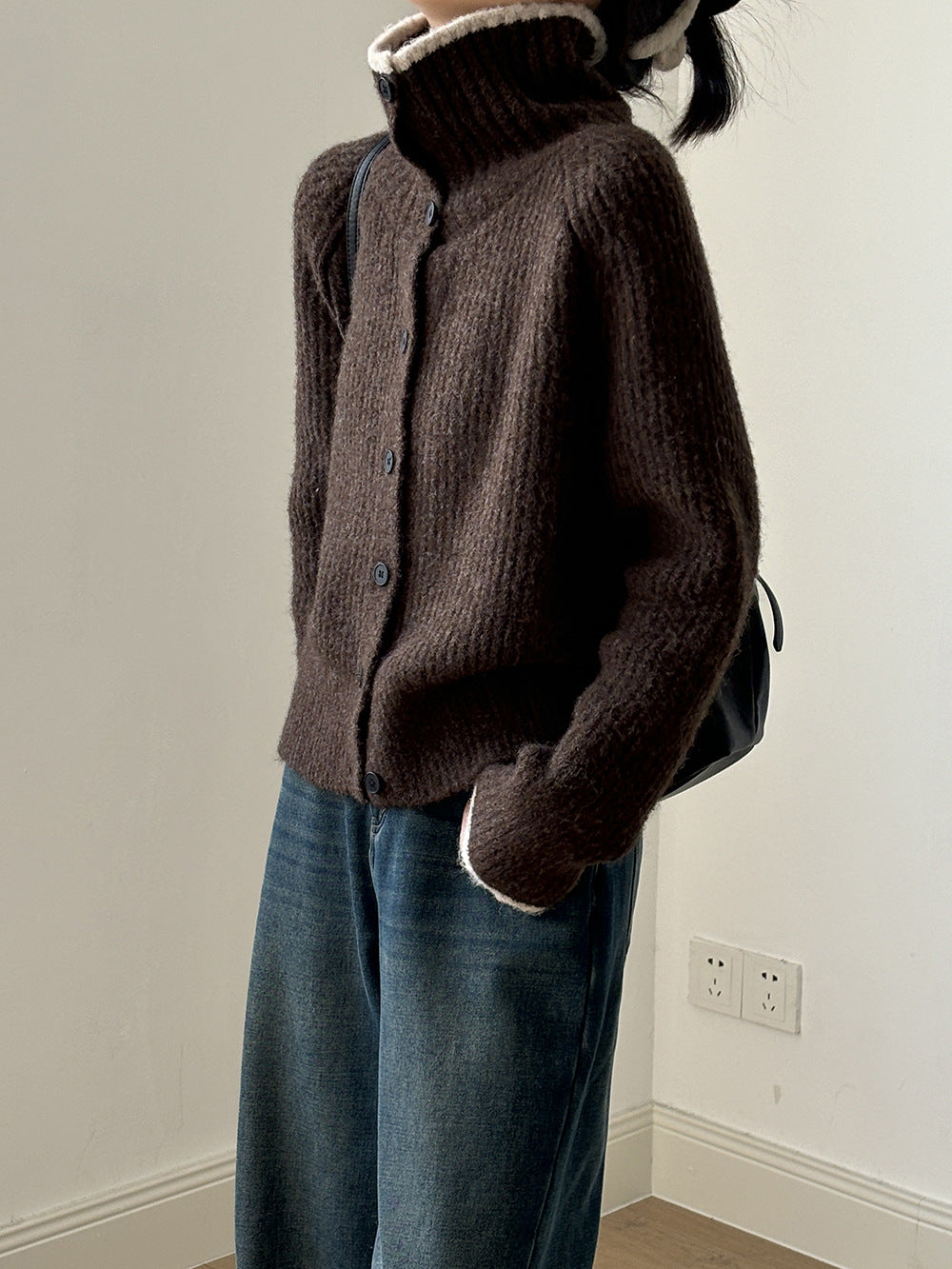 (48H出貨)韓系慵懶撞色翻領單排扣毛衣開衫外套-4色