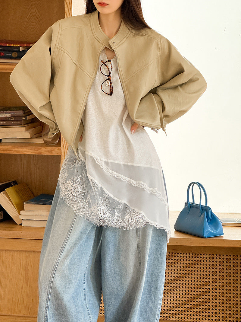 韓系優雅白月光網紗拼接透視針織打底衫-2色