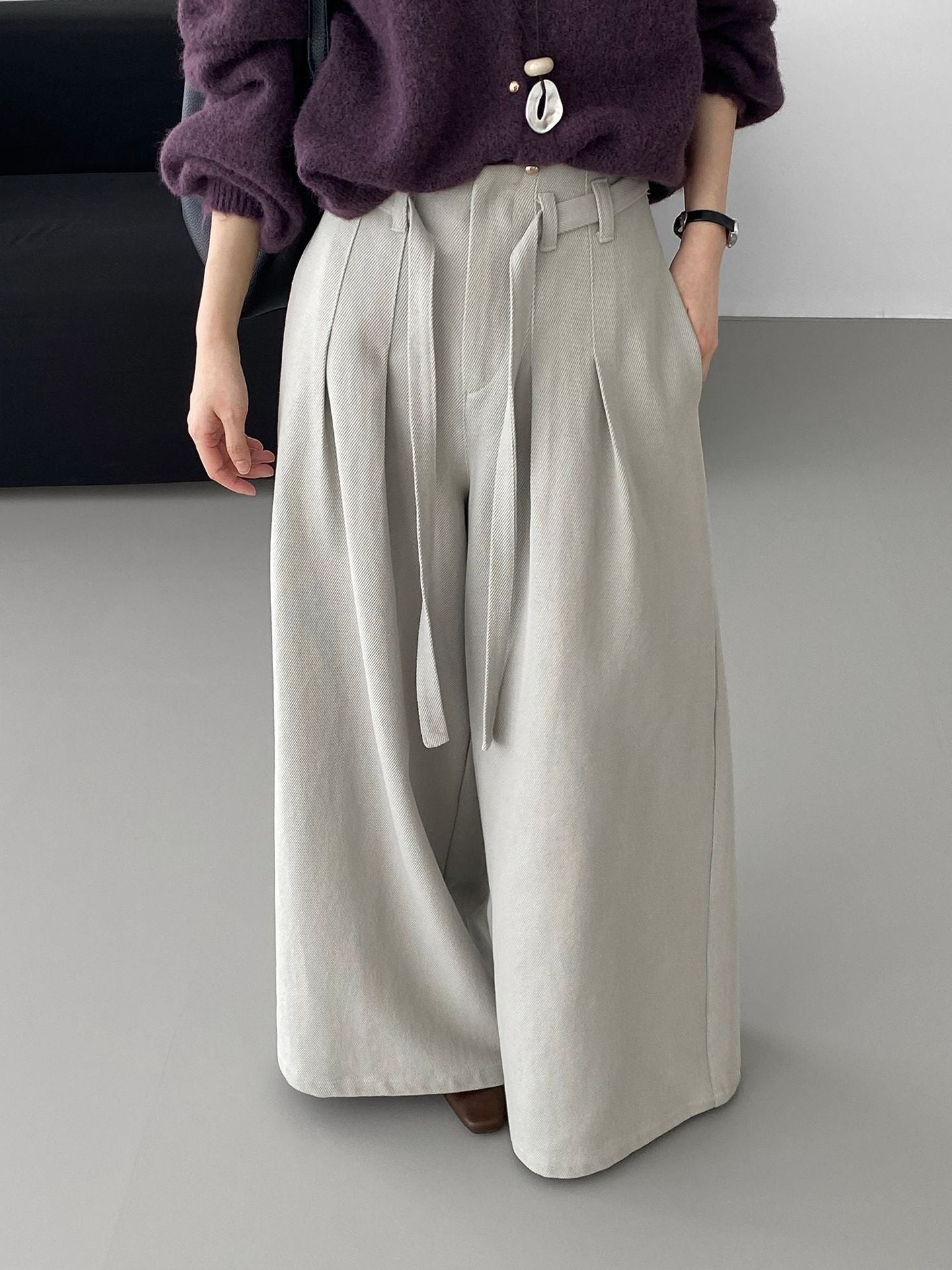 韓系簡約天絲棉繫帶闊腿褲-2色