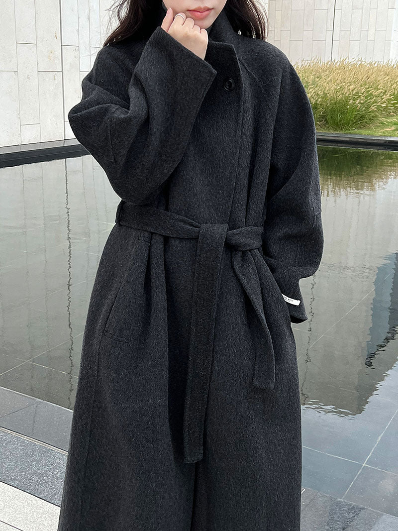 韓版慵懶斜扣領長款雙面呢羊毛大衣外套-3色