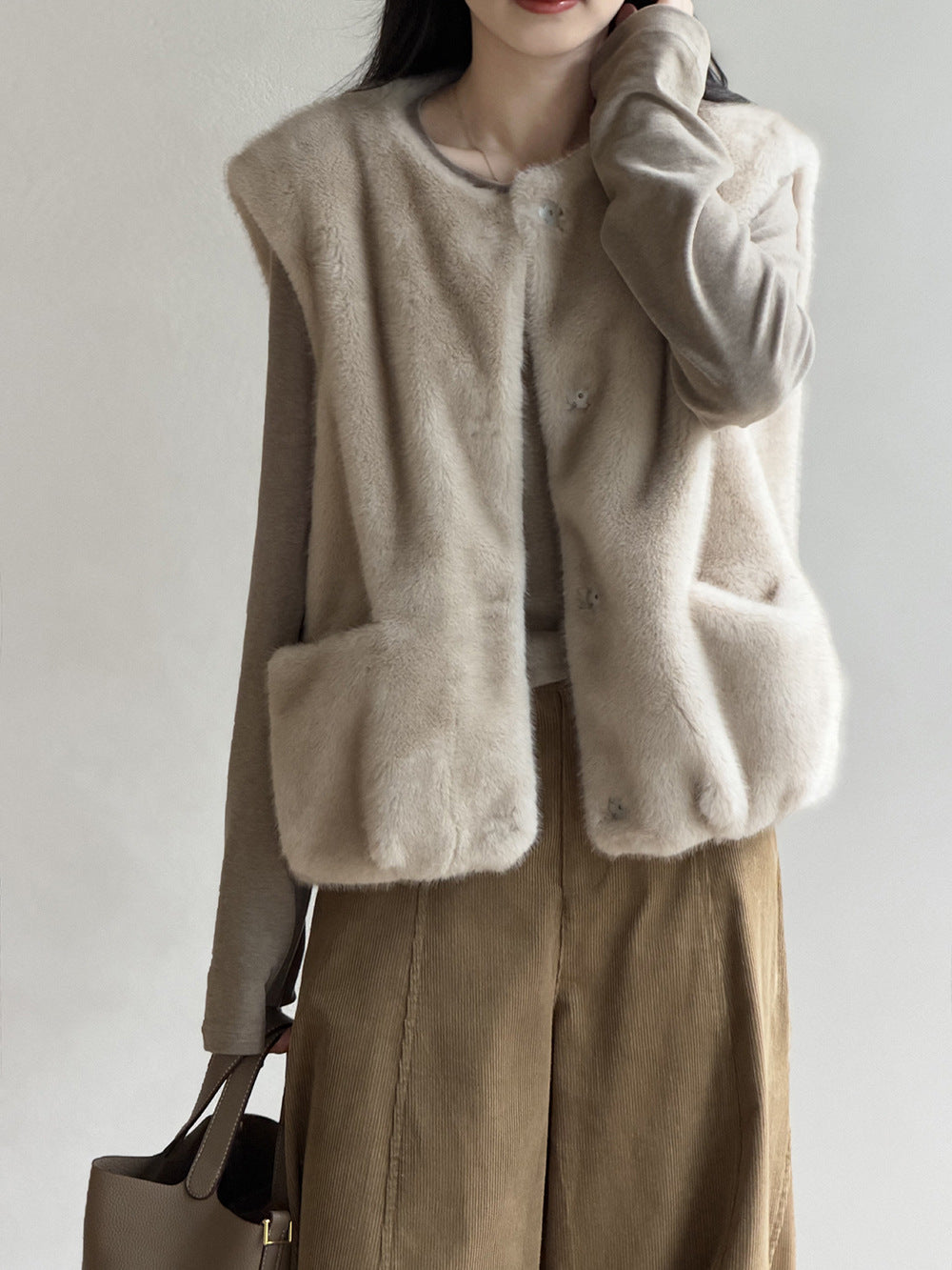 簡約圓領仿水貂毛無袖馬甲-2色