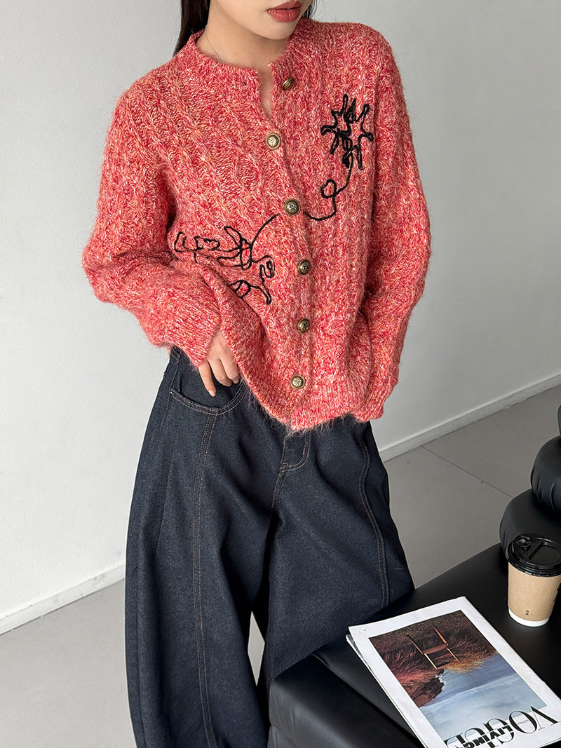 小眾刺繡軟糯長袖針織開衫-3色