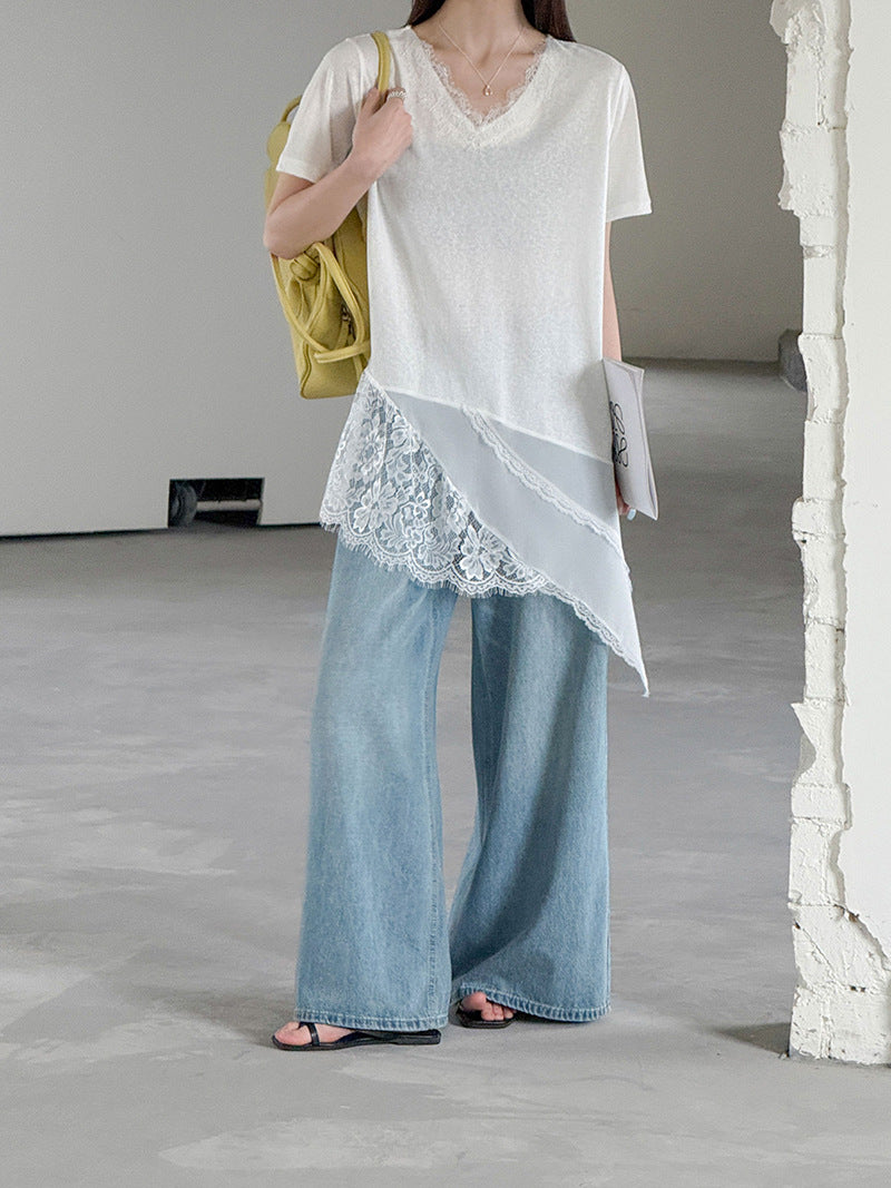 韓系不規則中長款疊穿蕾絲花邊短袖背心上衣-2色