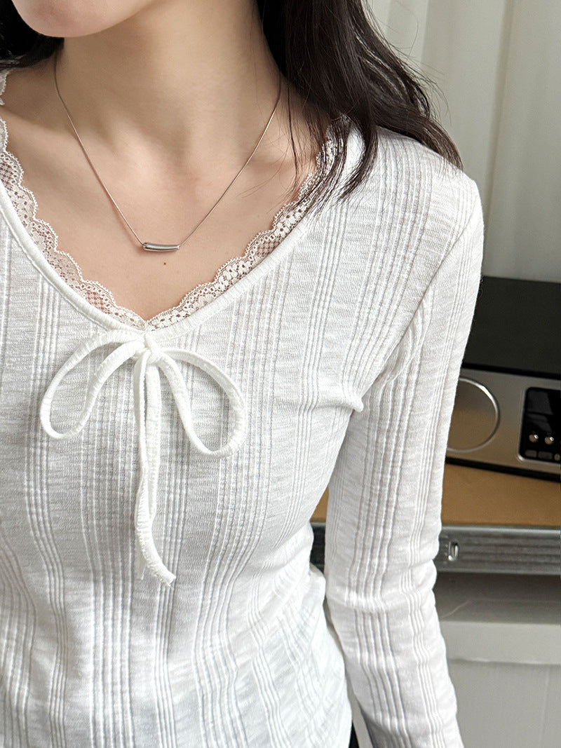 韓系V領蕾絲蝴蝶結內搭修身長袖打底衫-2色