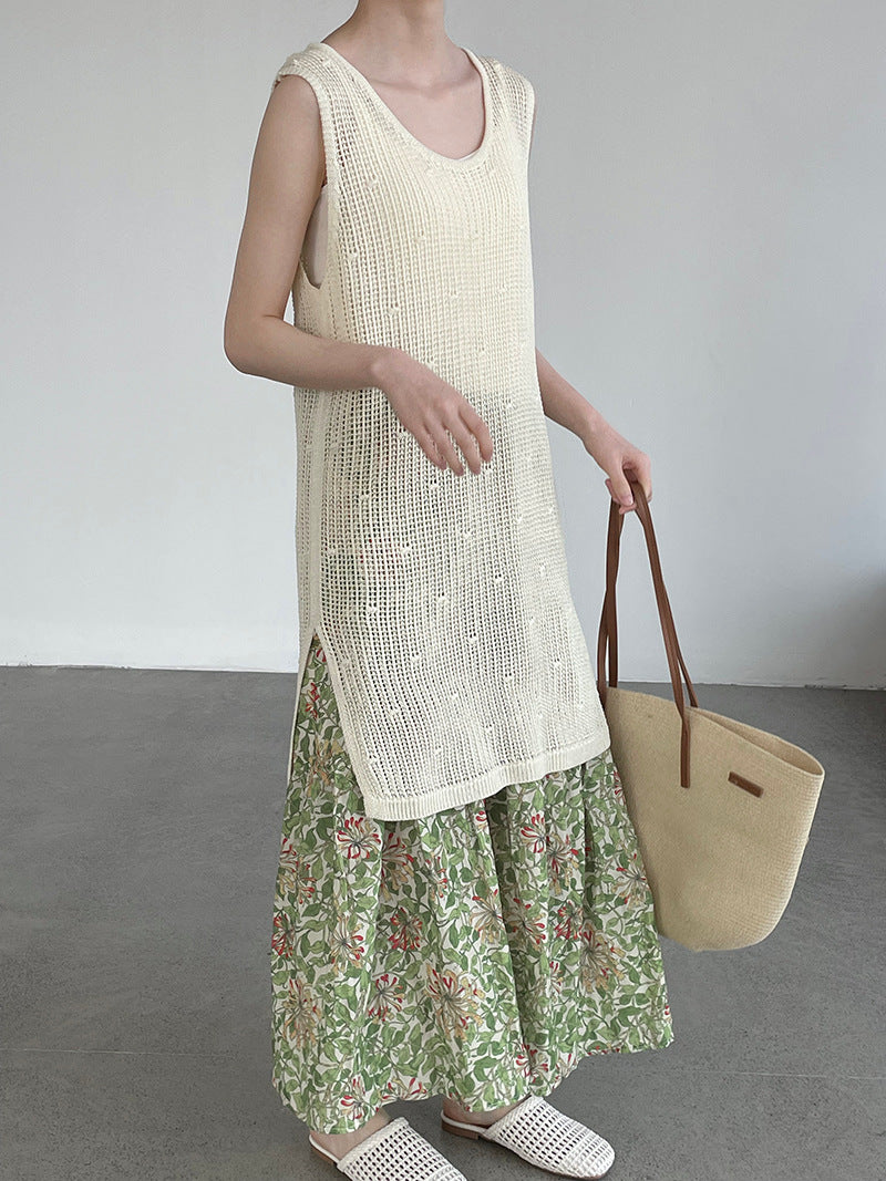 韓系側開叉圓領疊穿鏤空中長背心連身裙-4色