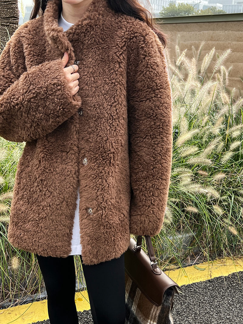 美拉德立領羊羔毛皮毛一體外套大衣-2色