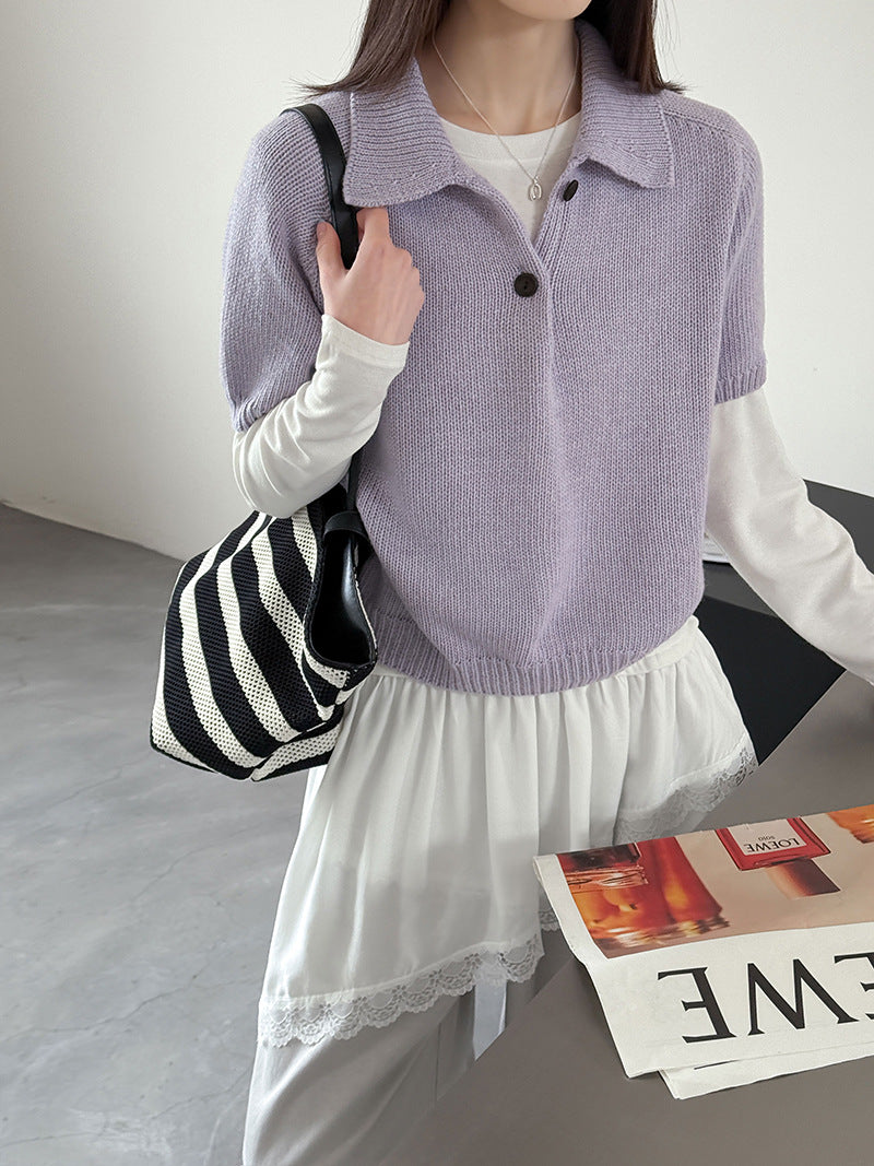 韓系氣質疊穿簡約Polo領針織顯瘦短袖毛衣-3色