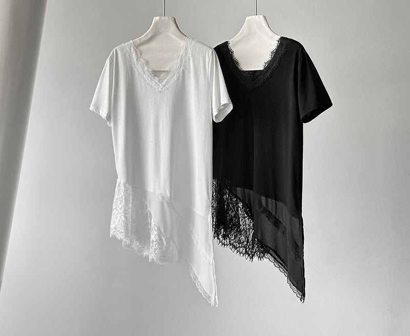 韓系不規則中長款疊穿蕾絲花邊短袖背心上衣-2色