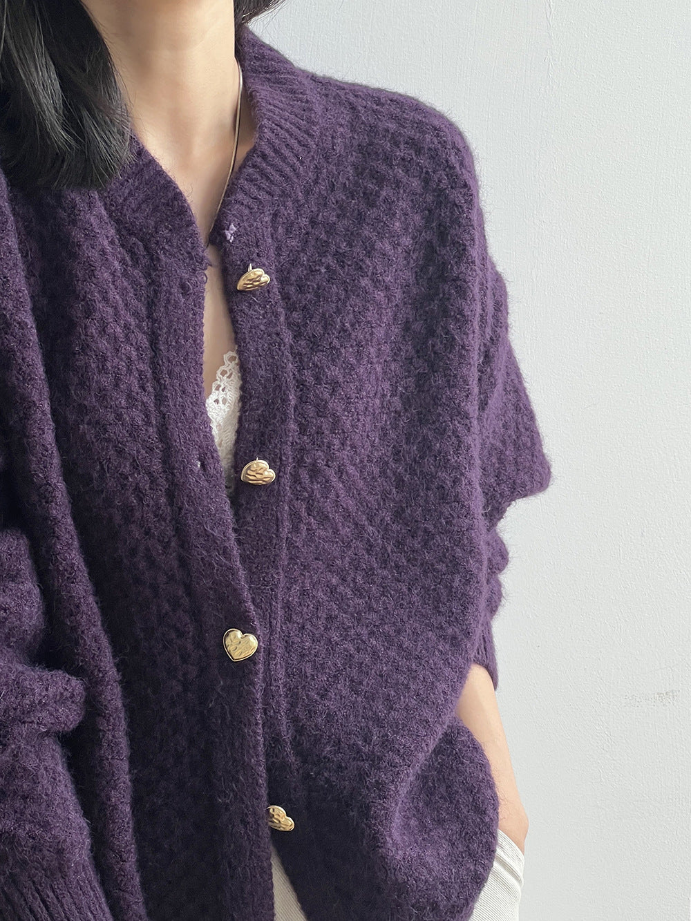 菠蘿紋愛心慵懶扣軟糯針織開衫-3色