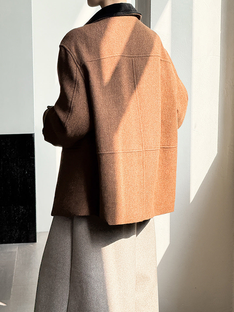 韓系復古翻領氣質撞色羊毛夾克外套-2色