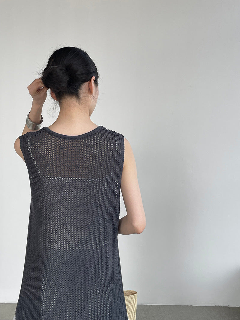 韓系側開叉圓領疊穿鏤空中長背心連身裙-4色