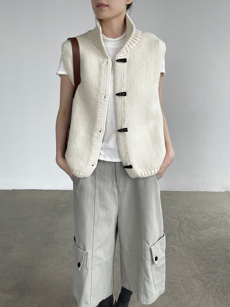 韓系立領牛角扣毛衣開衫馬甲背心-3色