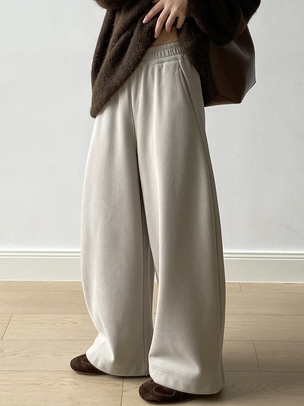 簡約寬鬆加絨保暖高腰顯瘦闊腿長褲-3色