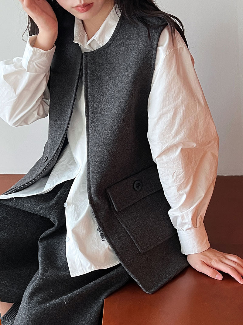 高級感寬鬆毛呢疊穿氣質圓領馬甲