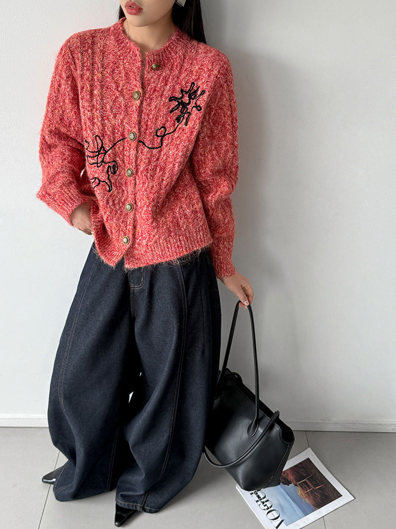 小眾刺繡軟糯長袖針織開衫-3色