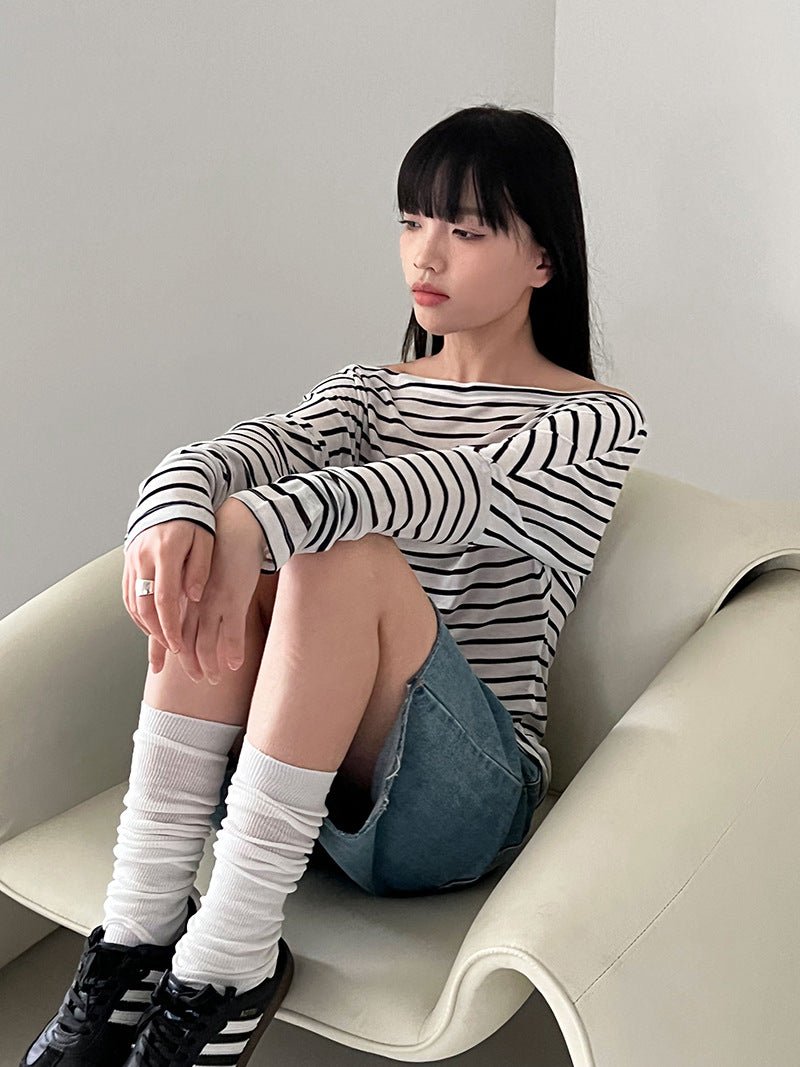 法式極簡細條紋不規則斜肩收腰顯瘦天絲長袖上衣-2色