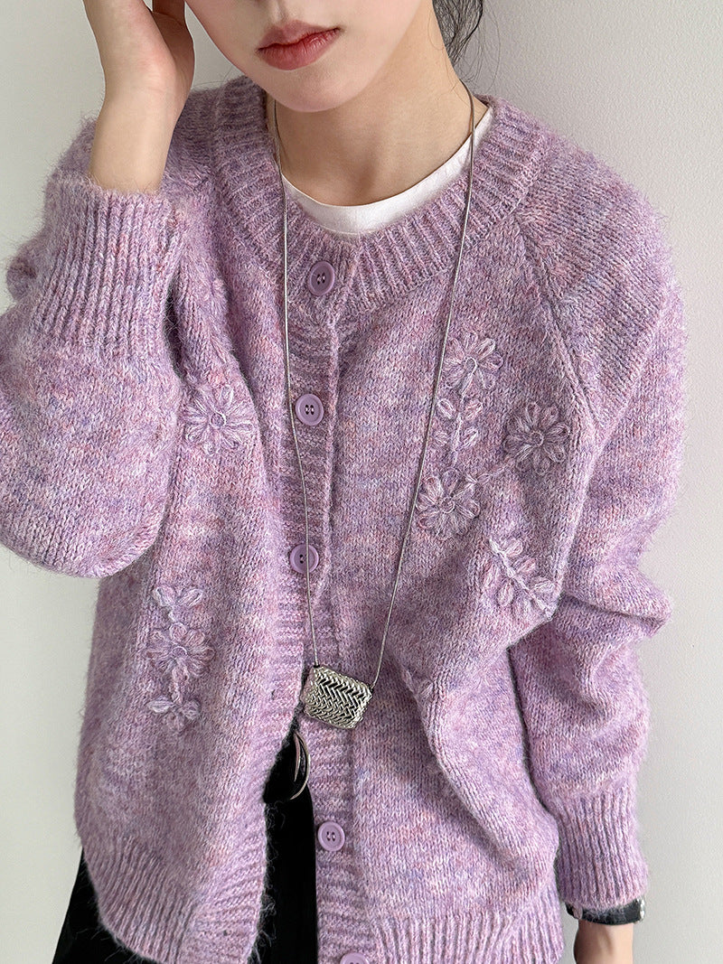 韓系立體手工花朵刺繡針織開衫外套-3色