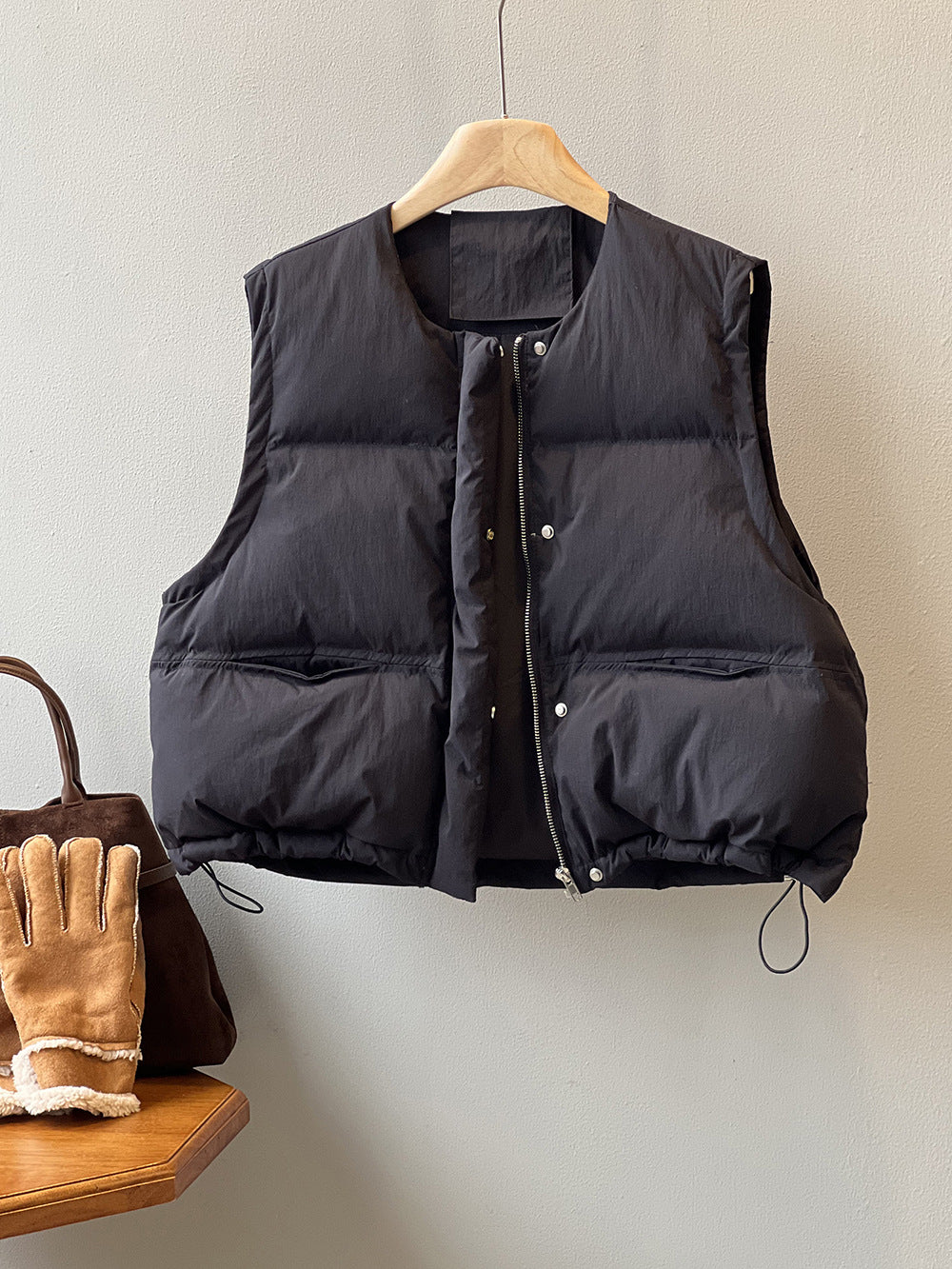 日系圓領短款寬鬆羽絨馬甲背心-2色
