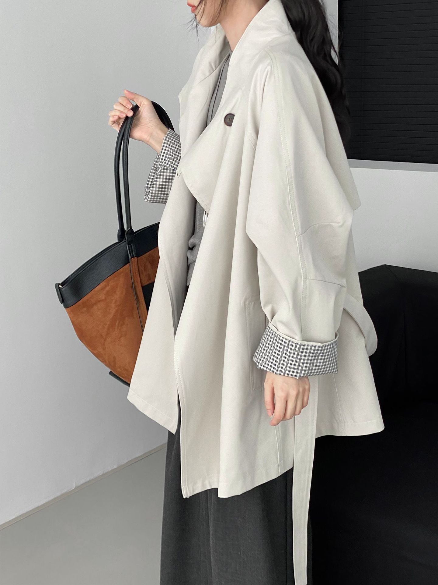 韓系復古英倫風立領寬鬆顯瘦收腰風衣外套-3色