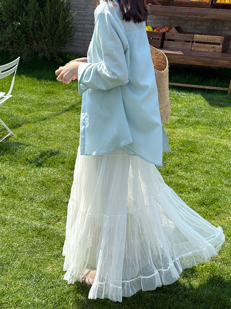 韓系天絲純欲感背後蕾絲純色襯衫外套-2色