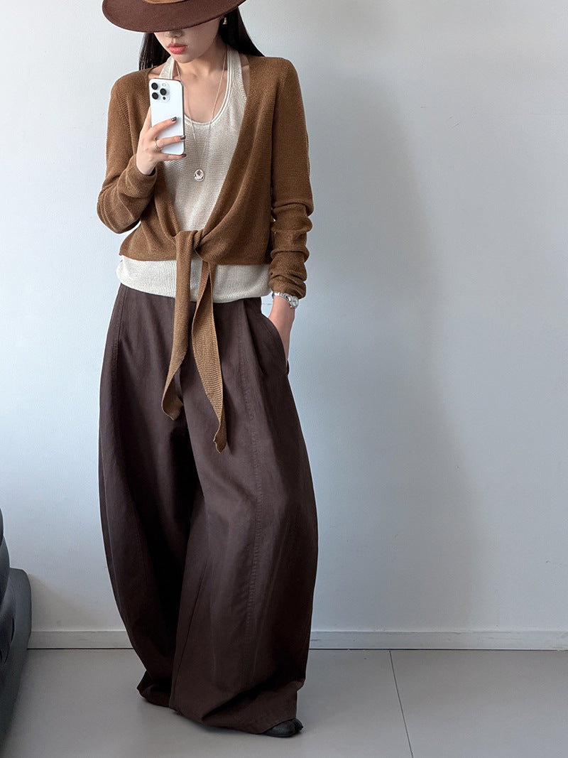 法式休閒撞色掛脖假兩件式針織衫上衣-3色