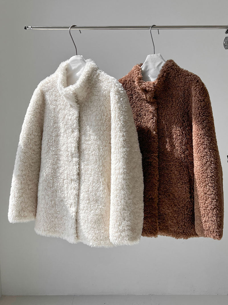 美拉德立領羊羔毛皮毛一體外套大衣-2色