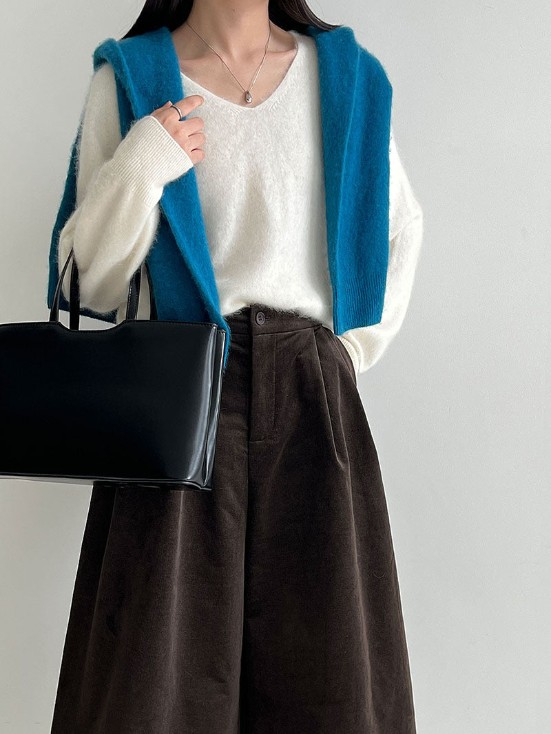 簡約慵懶燈芯絨高腰復古闊腿褲-2色