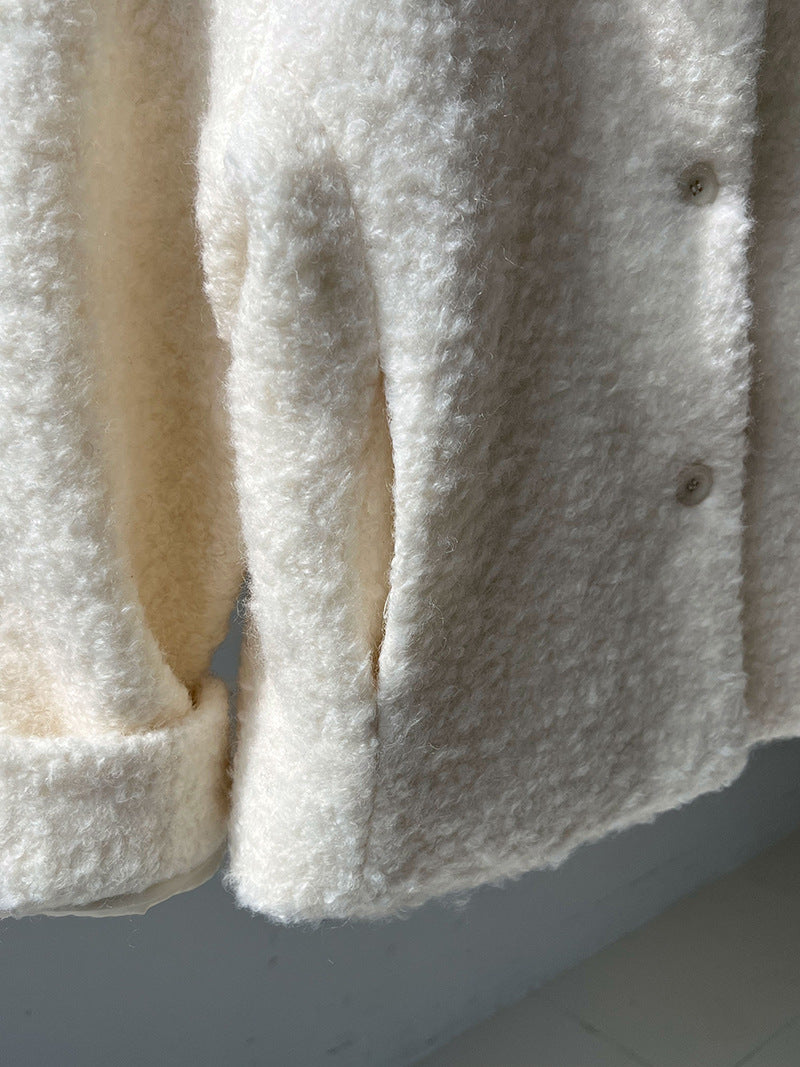 韓版單排扣短款羊羔毛翻領外套-2色