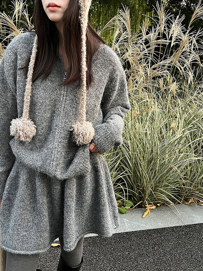 韓系軟糯休閒針織毛衣+卷邊A字短裙-兩件式套裝-3色