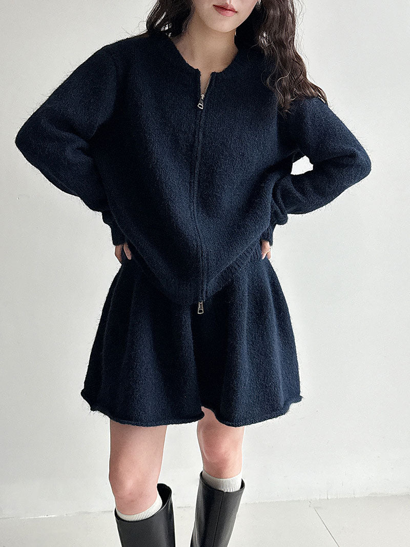 韓系軟糯休閒針織毛衣+卷邊A字短裙-兩件式套裝-3色