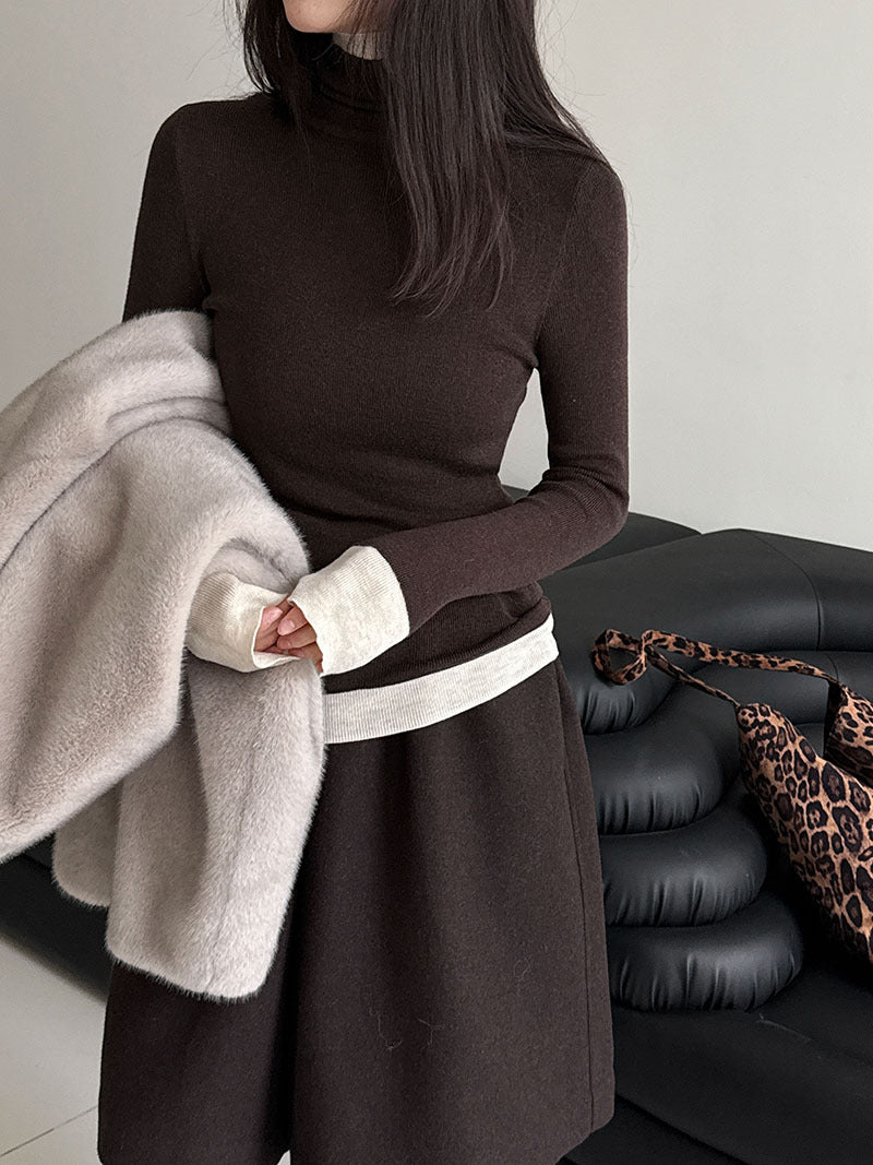 修身顯瘦軟糯撞色高領打底針織衫-3色