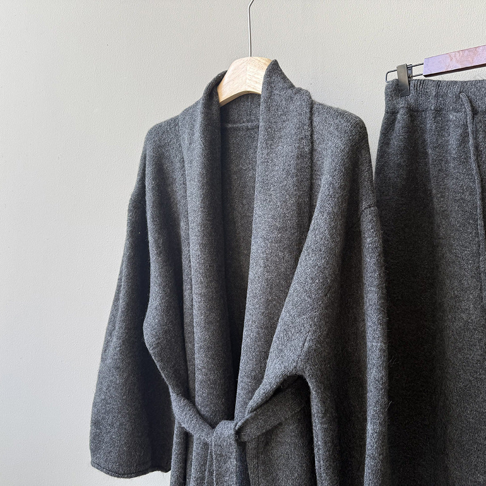 (48H出貨)高級慵懶風繫帶針織開衫+高腰闊腿褲-兩件式套裝-3色