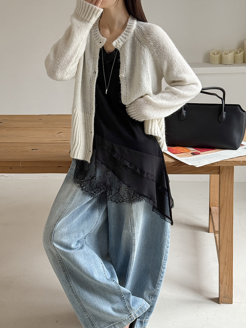 韓系優雅白月光網紗拼接透視針織打底衫-2色