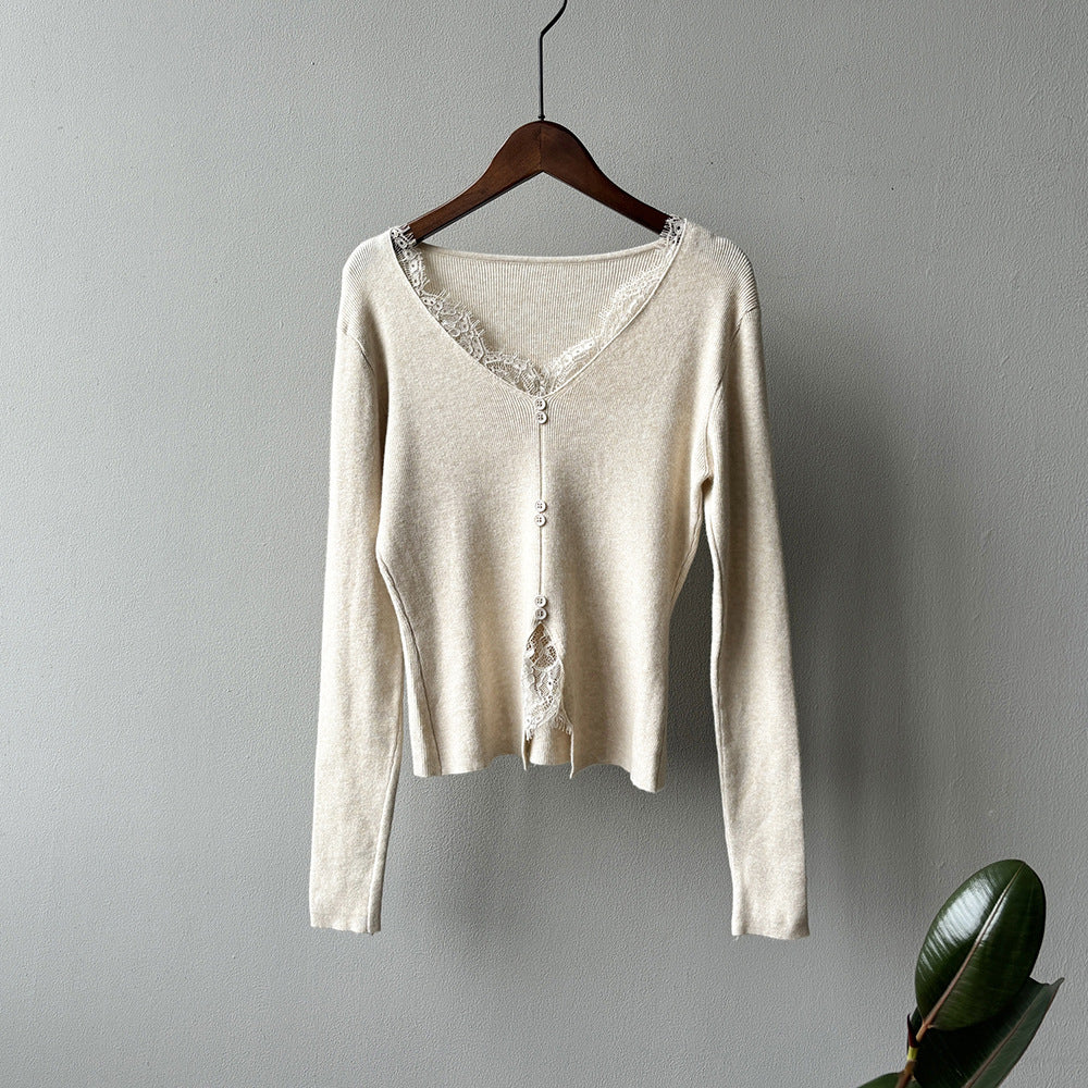 (48H出貨)法式蕾絲拼接V領針織打底衫-4色
