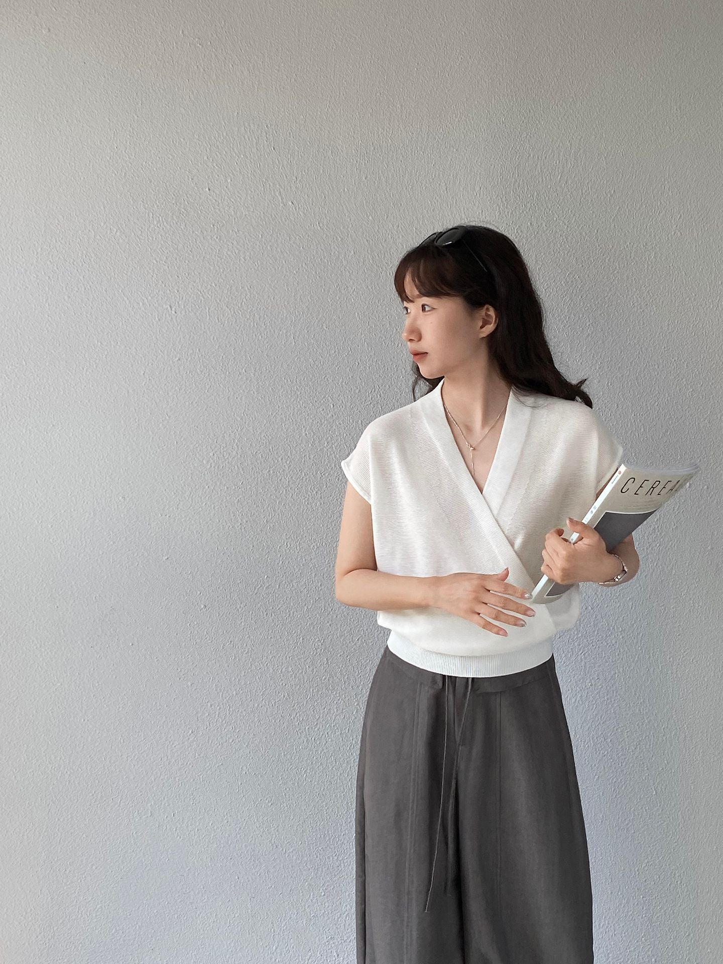 韓系交叉V領短袖針織上衣-5色