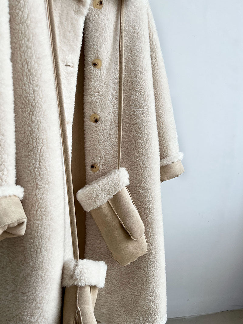 韓版翻領配手套羊羔毛大衣外套