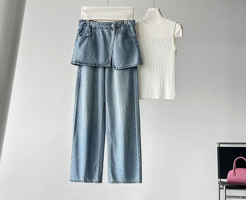 韓系小衆水洗可拆牛仔屁簾高腰顯瘦直筒牛仔褲