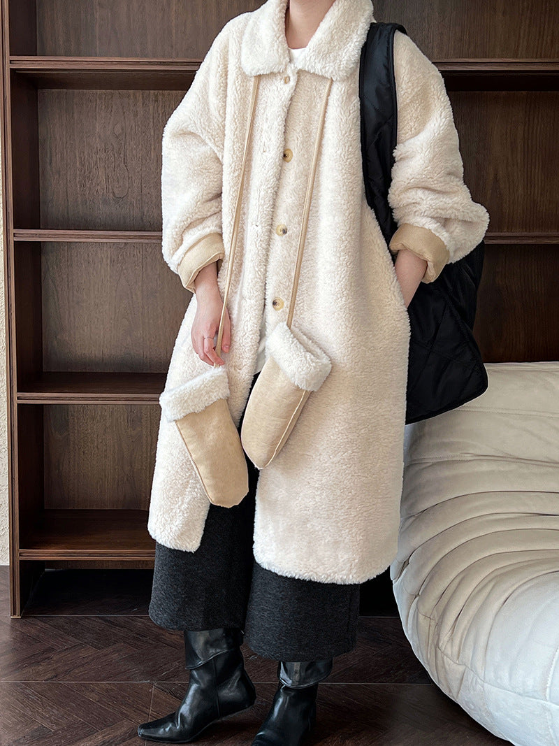 韓版翻領配手套羊羔毛大衣外套