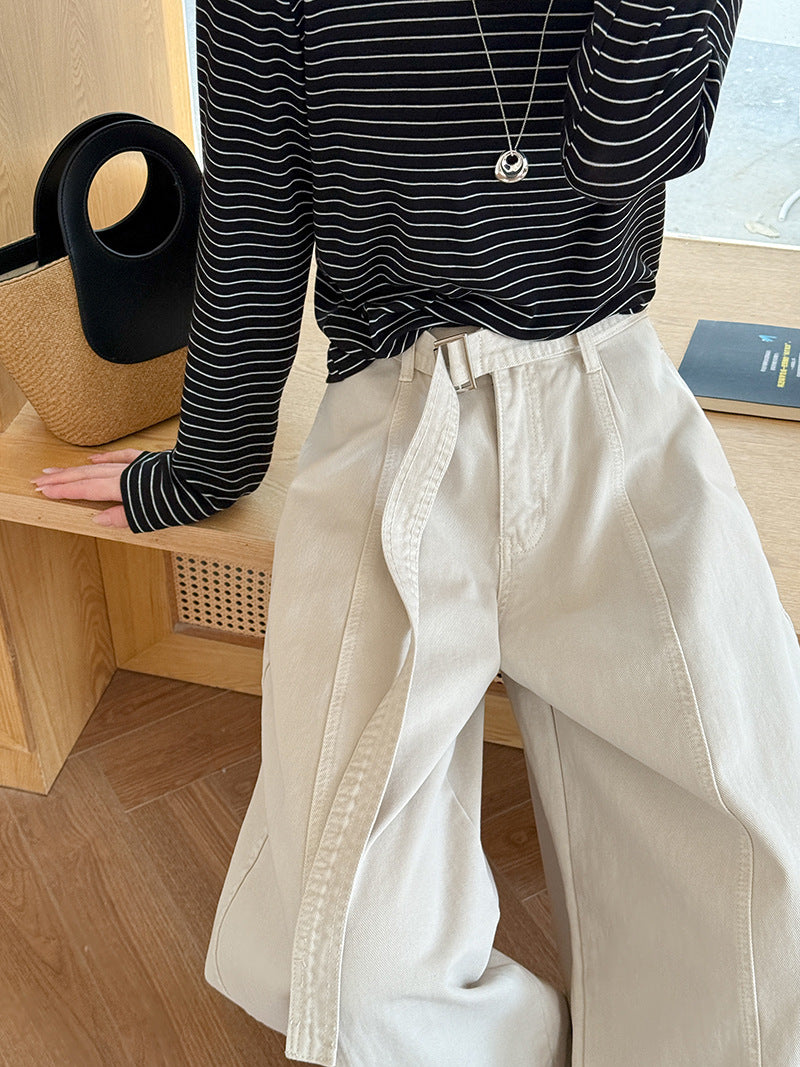 韓系復古高腰寬鬆顯瘦闊腿牛仔褲+腰帶-3色
