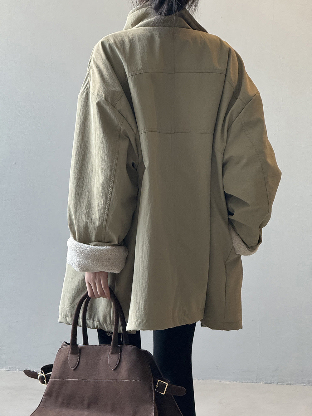 韓系設計感立領羊羔毛工裝保暖派克外套-2色